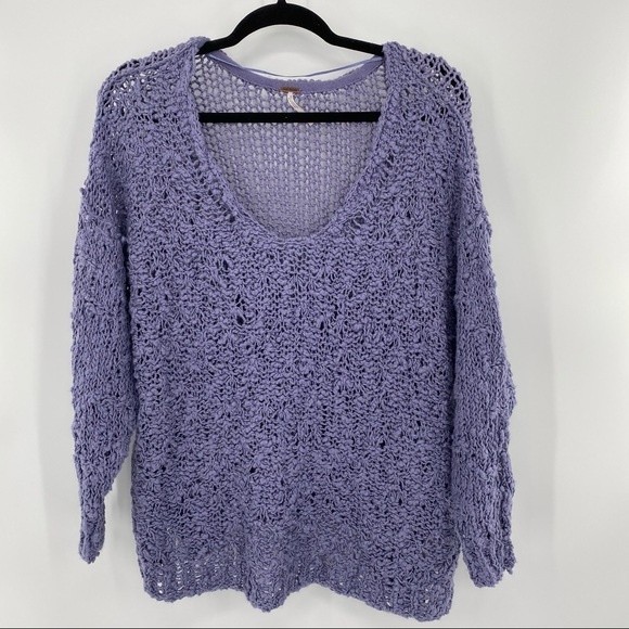 Free People NWT Sunday Shore Cotton Blend Chunky Open Knit Purple Sweater New - Picture 2 of 10